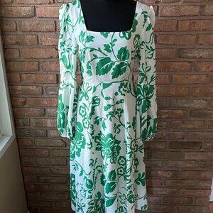 Sunday Up Green and White Floral Long Sleeve Midi Dress Small EUC